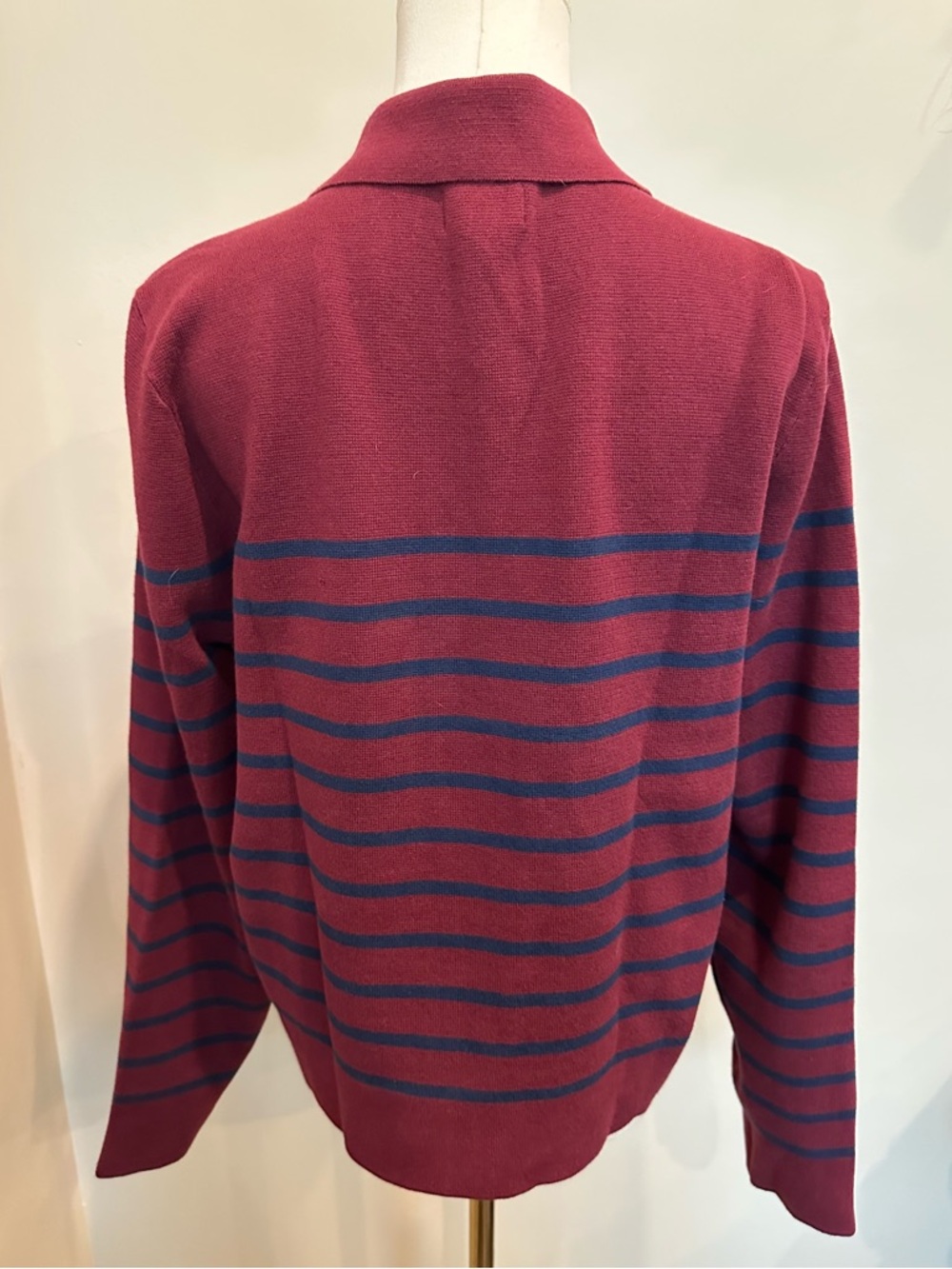 J.Crew Striped Collared Cardigan Sweater Medium Burgundy Navy Knit Preppy - Picture 4 of 5